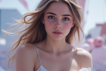 Beautiful young woman with flowing blonde hair and soft pink blush on cheeks