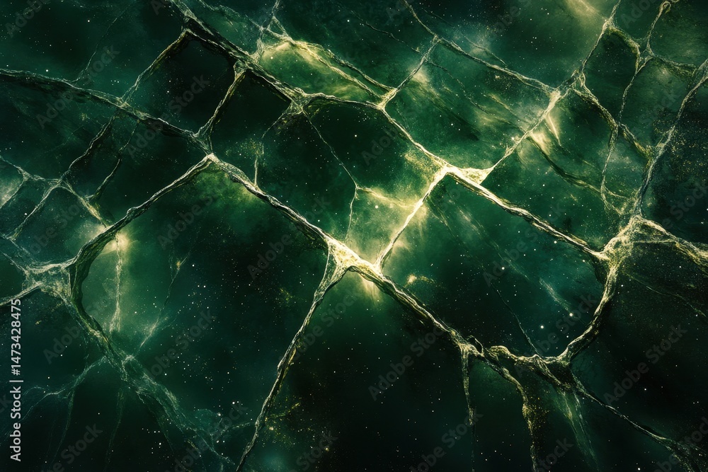 Poster surreal abstract aerial view of a ravine with a tight grid pattern illuminated by aurora light, abst