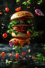 Double Cheeseburger with Falling Ingredients on Dark Background