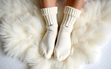 Cream Knitted Wool Socks on Fluffy White Rug. High quality