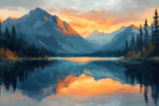 Digital painting of a serene ocean scene with dolphins leaping through waves under a sunset, Generative AI