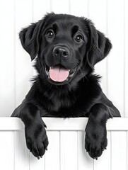 A black labrador puppy with a happy expression peeks over a white fence, paws resting on the top