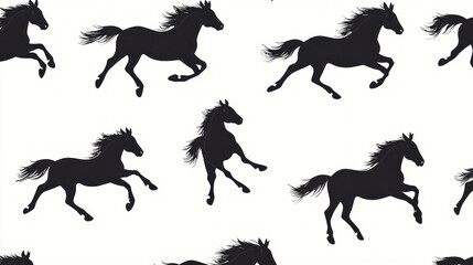 Black horse silhouettes in motion, seamless pattern