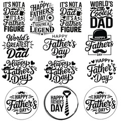 Happy Father's Day Typography Bundle. Vintage Black Lettering Designs with Dad Quotes and Icons, Happy Father's Day, hats, hearts, and ties. Vector Illustration. Happy Father's Day Handwritten Calligr