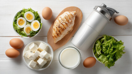 タンパク質の取れる食材としてチキンやサラダや卵や牛乳や豆腐などの健康食品が並んでいる