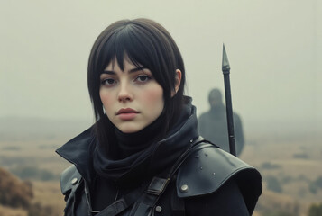 Young woman with dark hair and a determined expression in a fantasy warrior outfit holding a spear