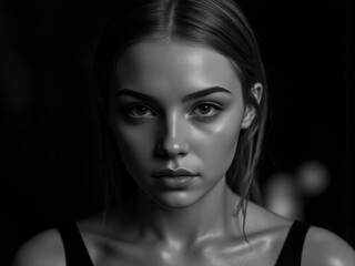 Intense black and white portrait of a young woman with striking eyes and a serious expression