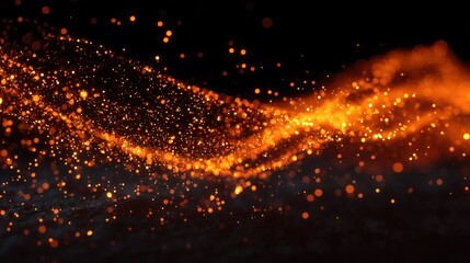 Dynamic particle system of glowing orange dots on black background representing advanced technology visualization, data flow and digital network connections.