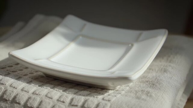 Empty rectangular white dish on a textured cloth