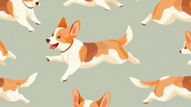 Cute corgi dogs running in a seamless pattern