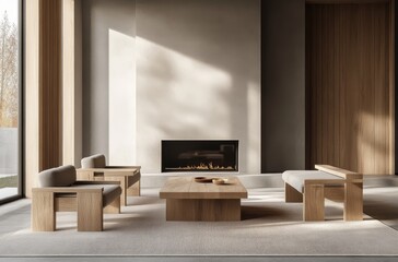 Modern Minimalist Living Room with Wooden Furniture and Fireplace