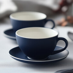 Fototapeta premium Two dark-blue ceramic teacups and saucers