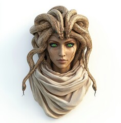 Pixel Art Medusa Bust Beige Scarf, Green Eyes, White Background