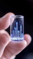 A hand holds a small glass vial containing a miniature city of glittering blue lights
