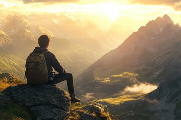 Obraz premium Hiker enjoys stunning mountain vista at sunset while taking in nature's beauty, Hiker enjoying breathtaking mountain vista amidst nature's beauty