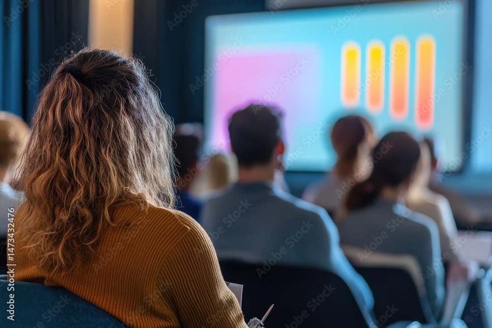 Poster people engaged in a colorful presentation with back views in a modern setting during an educational 