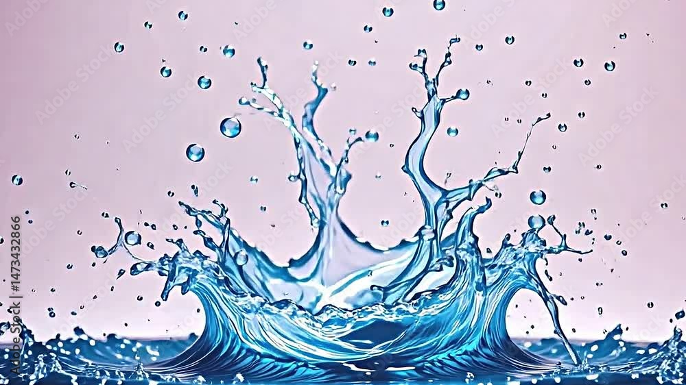 Poster dynamic splash of water captured mid-air creating intricate pattern. water appears to motion droplet