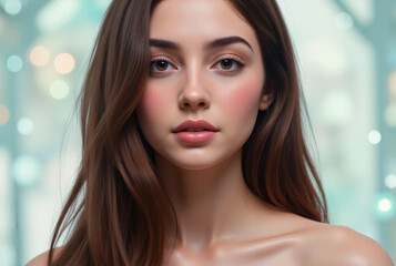 Beautiful young woman with long brown hair and soft makeup gazing directly ahead