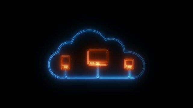 Neon cloud computing icon with connected devices animation on black screen.