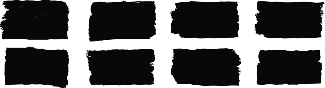Brush stroke, ink paint brush, grunge box, brushes, lines, frames, grungy. Black square shapes. Vintage grunge boxes for collage, text, banner, sticker design.