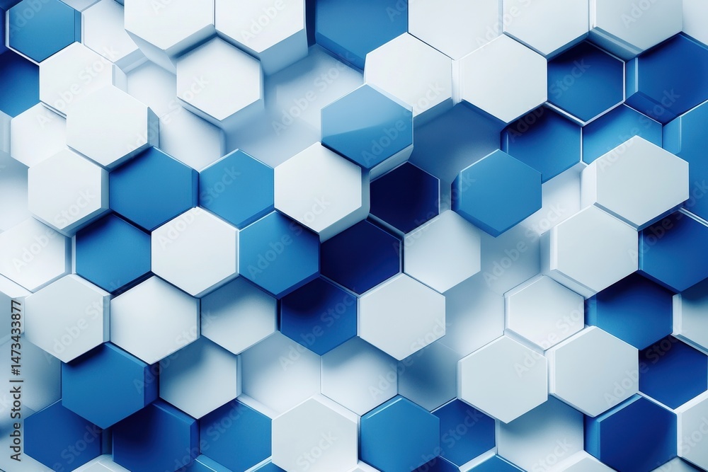 Poster dynamic abstract geometric design featuring a blue and white hexagonal pattern, abstract geometric b