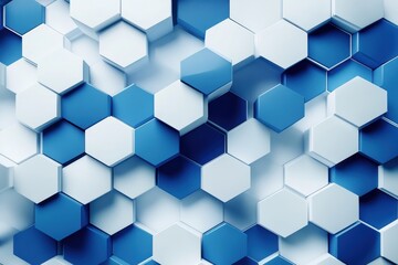 Dynamic abstract geometric design featuring a blue and white hexagonal pattern, Abstract geometric background with blue and white 3D hexagons at different heights