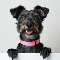 Happy black dog with pink collar peeking over a white surface