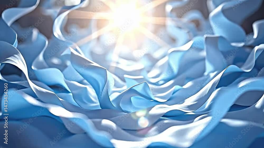 Poster and ethereal scene filled flowing translucent blue fabric-like material that creates sense of moveme
