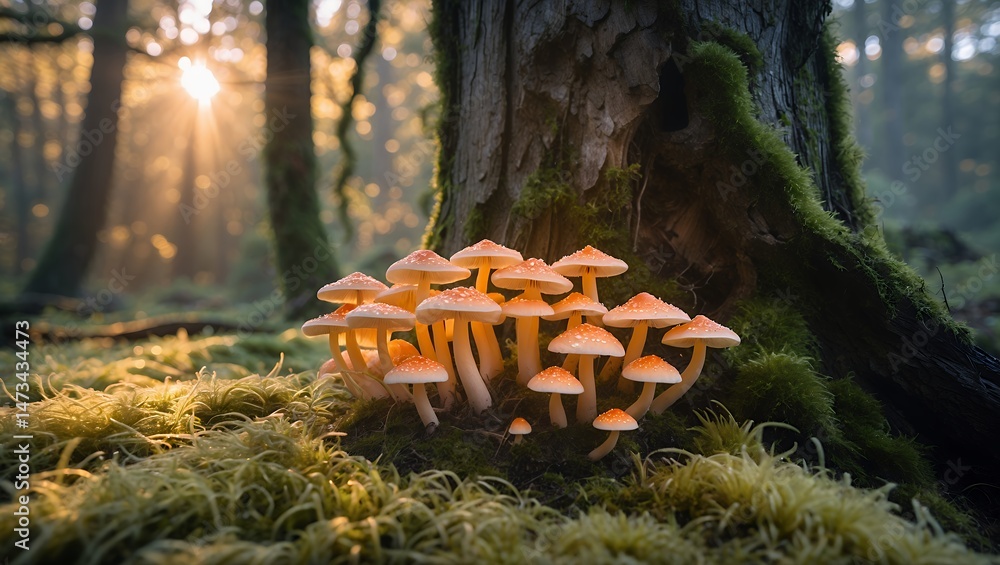 Poster mushroom cluster with light rays in woodland setting