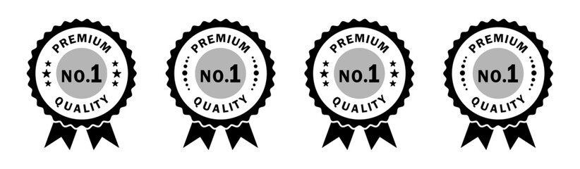 Set of 4 vintage style Premium No.1 Quality badges in black. Ideal for product labels, branding, packaging, and quality assurance designs. No 1, quality, premium, icons.