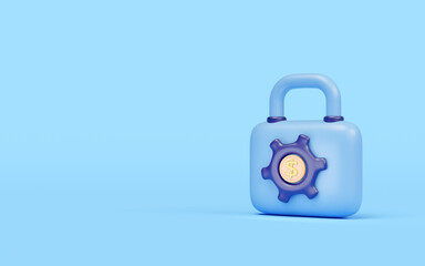 3d cartoon padlock icon with gear, dollars coins isolated on blue background. Internet security, privacy protection, ransomware protect, security business banking, saving money concept, 3d render