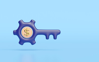 3d cartoon key with dollars coins isolated on blue background. business concept, 3d render illustration