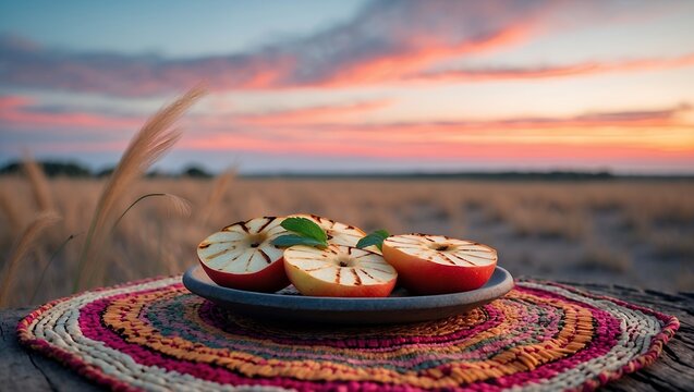 Grilled apple slices on a plate at sunset