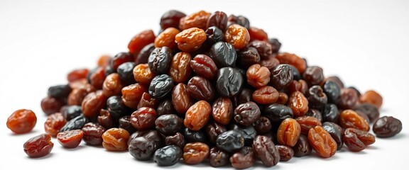 Obraz premium A mound of plump, dark brown raisins sits on a pristine white background, wrinkled, winter