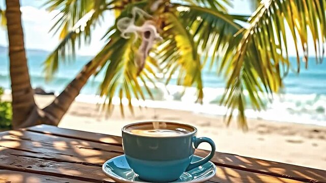 serene beach scene wooden table foreground upon which light blue coffee cup sits matching saucer. cup filled frothy beverage likely coffee positioned table backdrop of swaying palm trees...