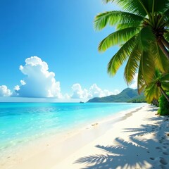 A serene tropical beach scene with crystal blue ocean and lush palm trees, tropical, scenery, jpg