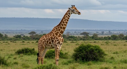 Fototapeta premium Gentle Giant Of The Savannah Giraffe In The Serengeti Grasslands African Plains Majesty Under Grey Skies A Giraffe Silhouette Against Distant Hills Savanna Serenity A Giraffe's Gaze