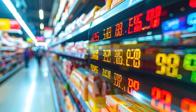 Supermarket Aisles with Dynamic Digital Price Displays Showing Product Costs