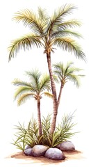 Two palm trees with green leaves and brown trunks, growing from a base of rocks and green plants