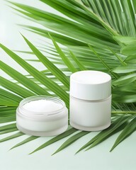 Two white jars of moisturizer with a green leafy background