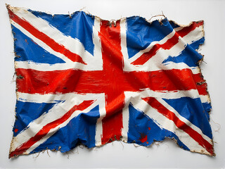 A tattered Union Jack flag with frayed edges and visible signs of wear.