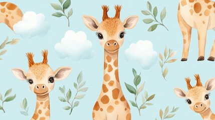 Cute giraffe pattern with leaves and clouds (1)