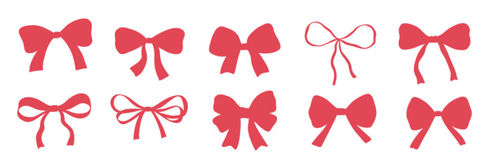 Coquette pink bow drawings collection, vector flat illustration isolated on white, cute red ribbons