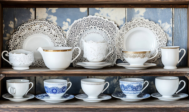 Antique-style teacups, saucers, and plates arranged on wooden shelves against a blue-painted backdrop