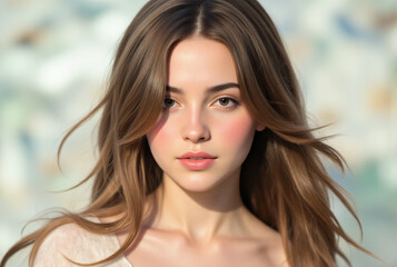 Young woman with long brown hair and soft blush on cheeks looking directly at camera