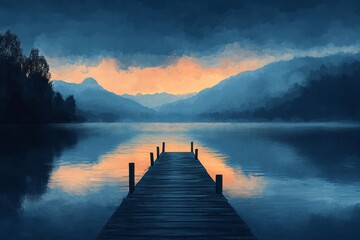 Naklejka premium serene digital painting of a small wooden pier extending into a tranquil lake at dawn, Generative AI