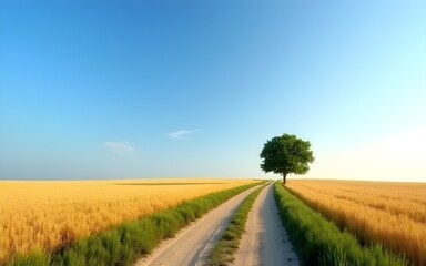 Fototapeta premium Summer Wheat Field with Dirt Road and Lone Tree Under Blue Sky. High quality