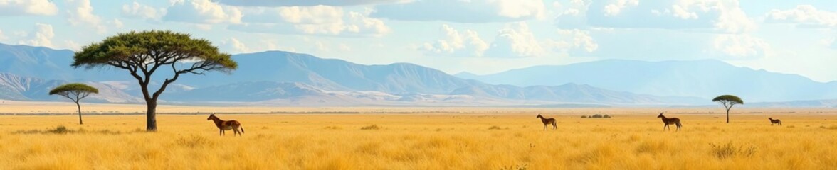 Obraz premium - Wide savannah plains with acacia trees and distant mountains, white background, isolated