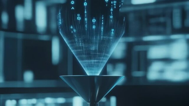 Data stream funneling into a metallic receiver, set against a backdrop of digital displays