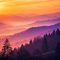 Majestic mountain range silhouettes painted with orange and purple hues at sunset